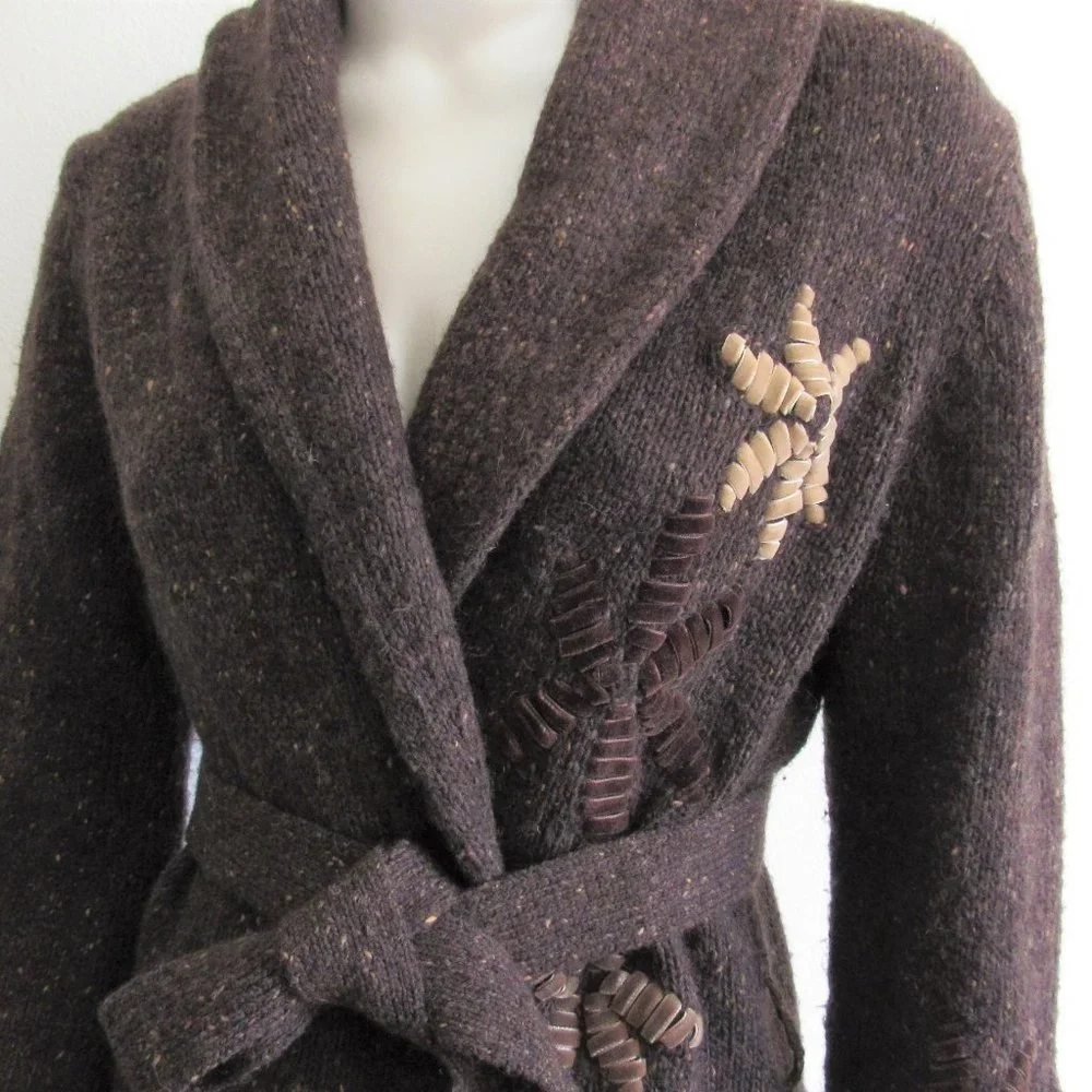 Escada Brown Shawl Collar Belted Cardigan with Tan Trim - Picture 2 of 5